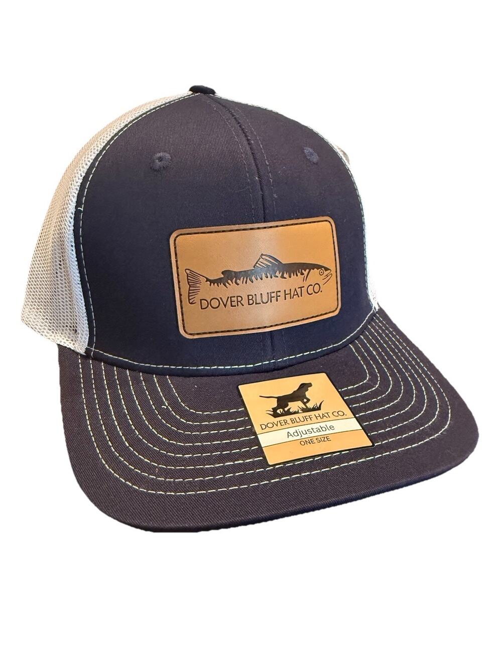 Dover Bluff Fishing Trucker Hat Navy White Fish Patch Snapback NWT